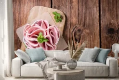 Naklejka: Szynka kiełbasa na tle drewniane