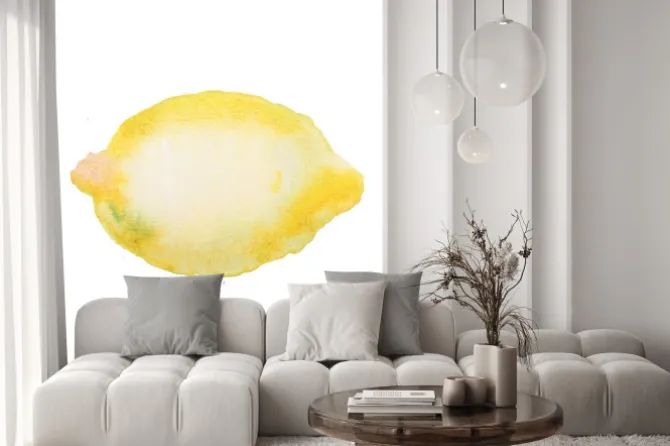 Naklejka: Żółta cytryna rysowane ręcznie malowana akwarela akwarela.