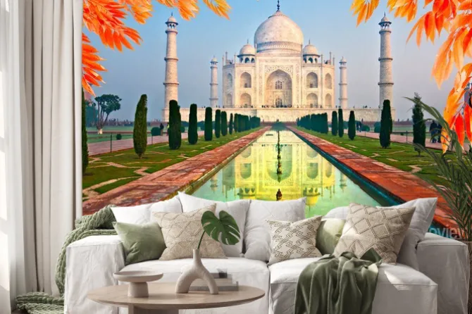 Naklejka: Taj mahal o wschodzie słońca, agra, uttar pradesh, indie.