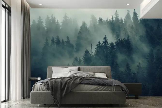 Naklejka: Tajemniczy jodłowy las w gęstej mgle