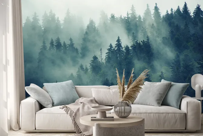 Naklejka: Tajemniczy jodłowy las w gęstej mgle