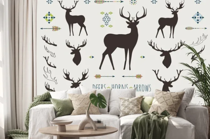 Naklejka: Tamtejsze antlers. zestaw sylwetki rustykalnych wzorów poroża