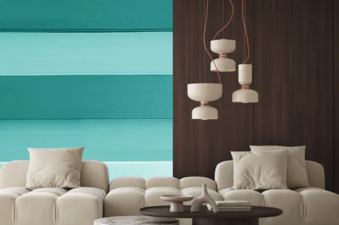 Naklejka: Teal blue colored horizontal stripes pattern wooden board for