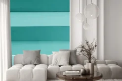 Naklejka: Teal blue colored horizontal stripes pattern wooden board for