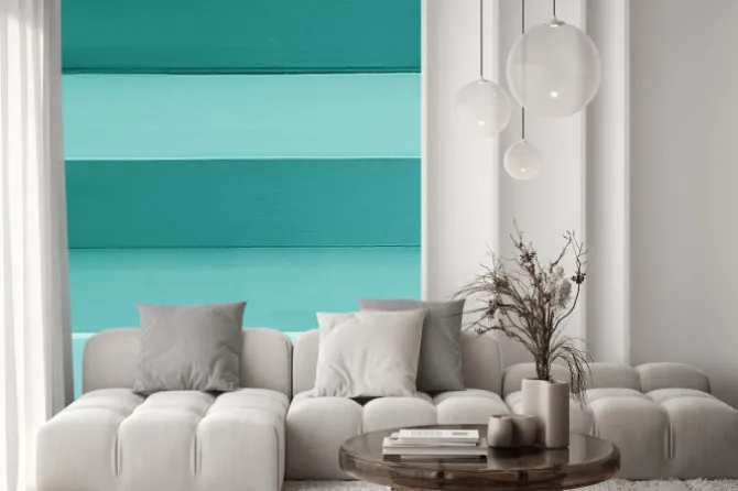 Naklejka: Teal blue colored horizontal stripes pattern wooden board for