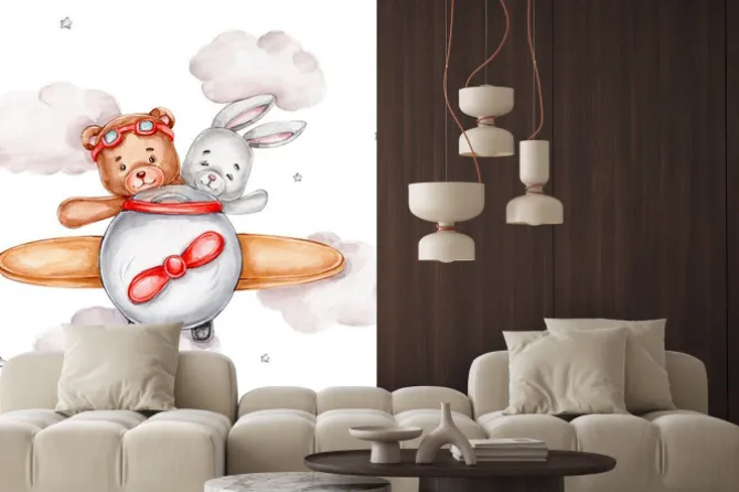 Naklejka: Teddy bear and bunny in airplane; watercolor hand drawn illustration;