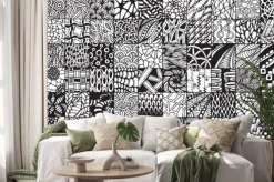 Naklejka: Tekstury z czarno-białych kwadratów malowane w stylu zentangl