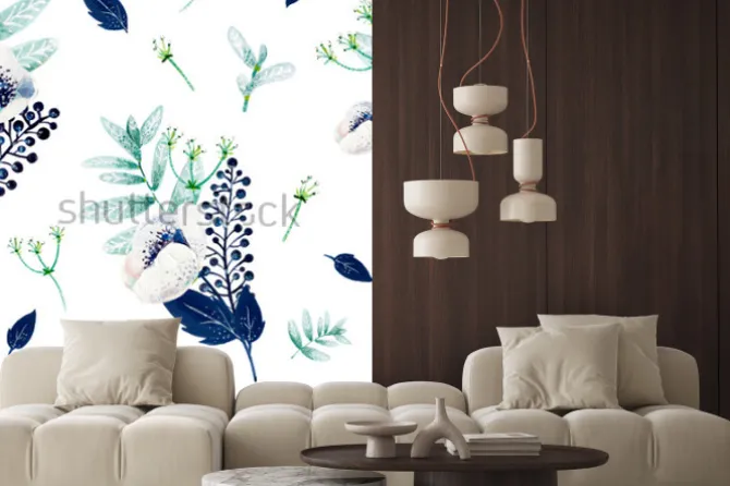 Naklejka: Texture consist of white anemones, blue leafs, white inflorescences