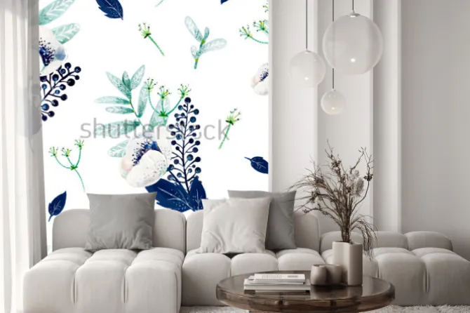 Naklejka: Texture consist of white anemones, blue leafs, white inflorescences