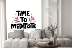 Naklejka: Time to meditate hand drawn vector lettering. stress relief and