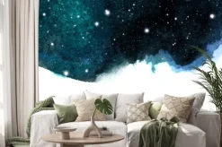 Naklejka: Tle nocnego nieba akwarela z gwiazdami. kosmiczny układ z miejscem