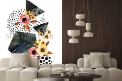 Naklejka: Tło jesień: spadające liście, kwiaty, elementy geometryczne.