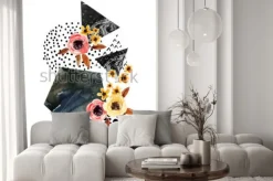 Naklejka: Tło jesień: spadające liście, kwiaty, elementy geometryczne.