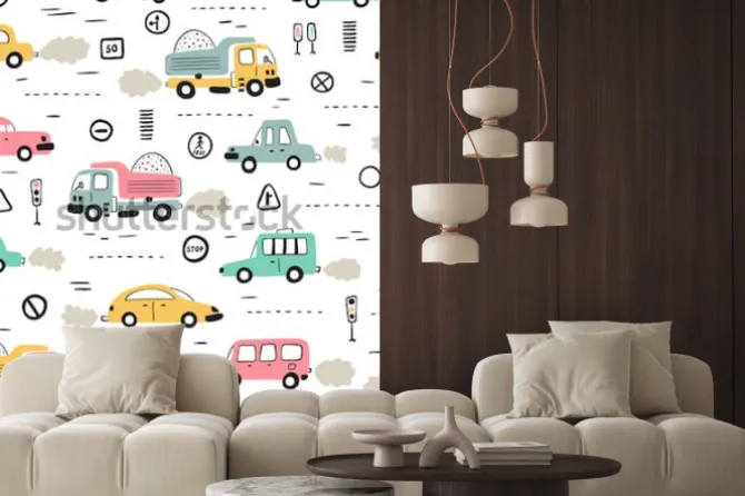 Naklejka: Tło kreskówka transport dla dzieci. wektorowy bezszwowy wzór