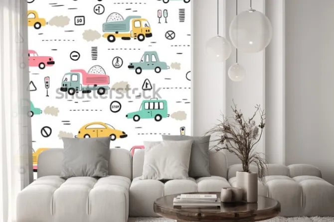 Naklejka: Tło kreskówka transport dla dzieci. wektorowy bezszwowy wzór