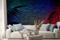 Naklejka: Tło pustego korytarza z ceglanymi ścianami i neonowym światłem.