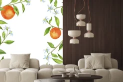 Naklejka: Tło z gałęzi drzew owocowych, kwiatów, liści i pomarańczy