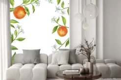 Naklejka: Tło z gałęzi drzew owocowych, kwiatów, liści i pomarańczy