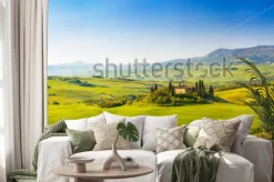 Naklejka: Toskański pejzaż z domem na wzgórzu i cyprysami