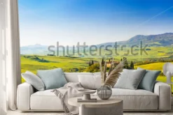 Naklejka: Toskański pejzaż z domem na wzgórzu i cyprysami