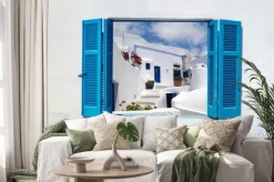 Naklejka: Tradycyjna architektura oia wsi na wyspie santorini, gre