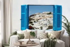 Naklejka: Tradycyjna architektura oia wsi na wyspie santorini, gre