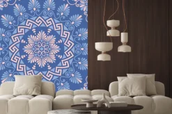 Naklejka: Tradycyjne rocznika bez szwu różowy, biały i niebieski okrągły