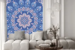 Naklejka: Tradycyjne rocznika bez szwu różowy, biały i niebieski okrągły