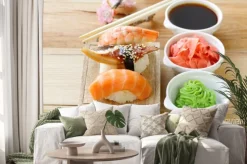 Naklejka: Tradycyjny japoński jedzenie sushi z łososia, tuńczyka i krewetki