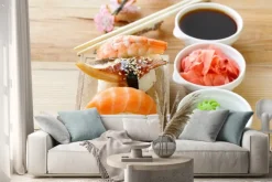 Naklejka: Tradycyjny japoński jedzenie sushi z łososia, tuńczyka i krewetki