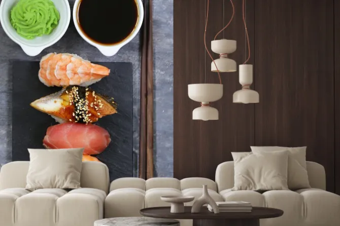 Naklejka: Tradycyjny japoński jedzenie sushi z łososia, tuńczyka i krewetki