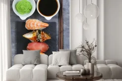 Naklejka: Tradycyjny japoński jedzenie sushi z łososia, tuńczyka i krewetki