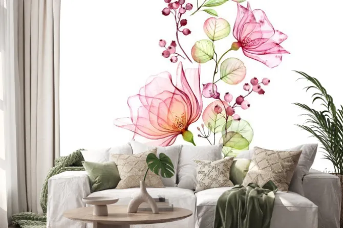 Naklejka: Transparent watercolor rose. seamless vertical border. isolated