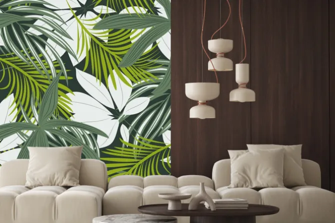 Naklejka: Trending abstract seamless pattern with colorful tropical leaves