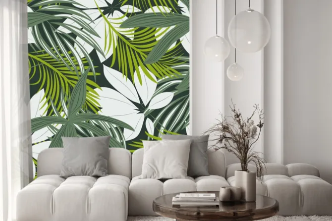 Naklejka: Trending abstract seamless pattern with colorful tropical leaves