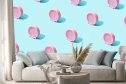 Naklejka: Trendy sunlight summer pattern made with pink clock on bright