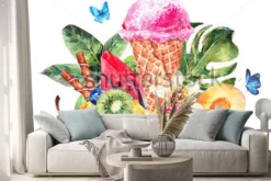 Naklejka: Tropical hand painting summer watercolor natural eco food background