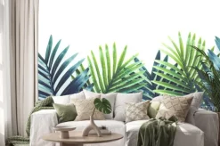 Naklejka: Tropical leaves foliage plant close up with white copy space