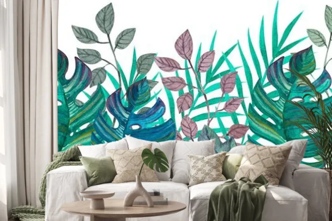 Naklejka: Tropical leaves. watercolor drawing. green color.