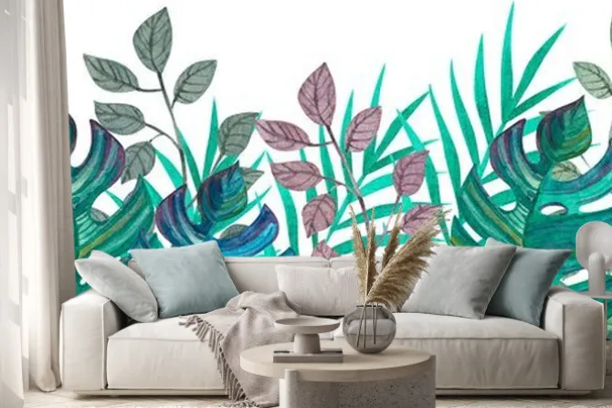 Naklejka: Tropical leaves. watercolor drawing. green color.