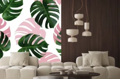 Naklejka: Tropical leaves monstera,green leaf with pink shadow on white