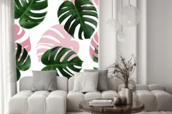 Naklejka: Tropical leaves monstera,green leaf with pink shadow on white