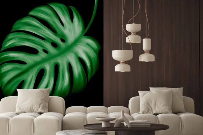 Naklejka: Tropical leaves of green color on a dark background.