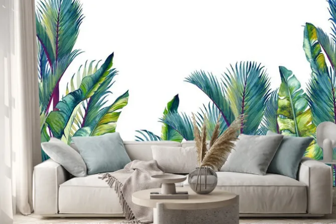 Naklejka: Tropical palm trees and banana leaves. isolated watercolor background.