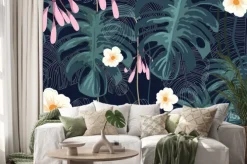 Naklejka: Tropical plants and flower background pattern-vector