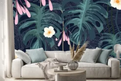 Naklejka: Tropical plants and flower background pattern-vector