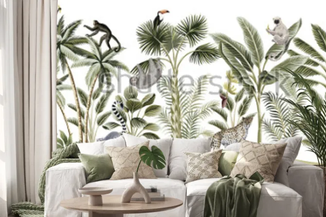 Naklejka: Tropical vintage botanical landscape, palm tree, banana tree,