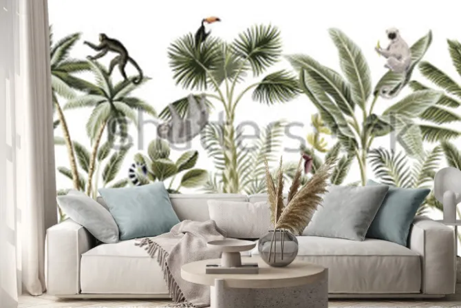 Naklejka: Tropical vintage botanical landscape, palm tree, banana tree,