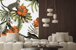 Naklejka: Tropical vintage monkey, red hibiscus flower, palm leaves floral