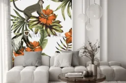 Naklejka: Tropical vintage monkey, red hibiscus flower, palm leaves floral